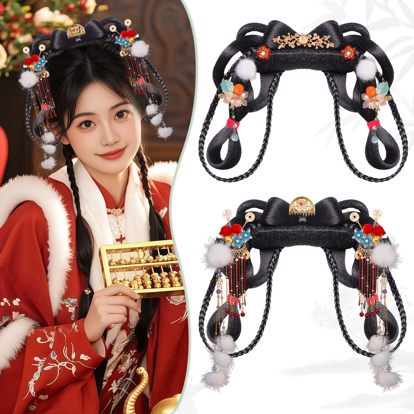 古风汉服头饰假发一体式发髻古装流苏毛球写真过年喜庆红色发饰女,美发护发/假发,演出假发,淘宝优惠券,粉丝福利购,淘宝优惠卷