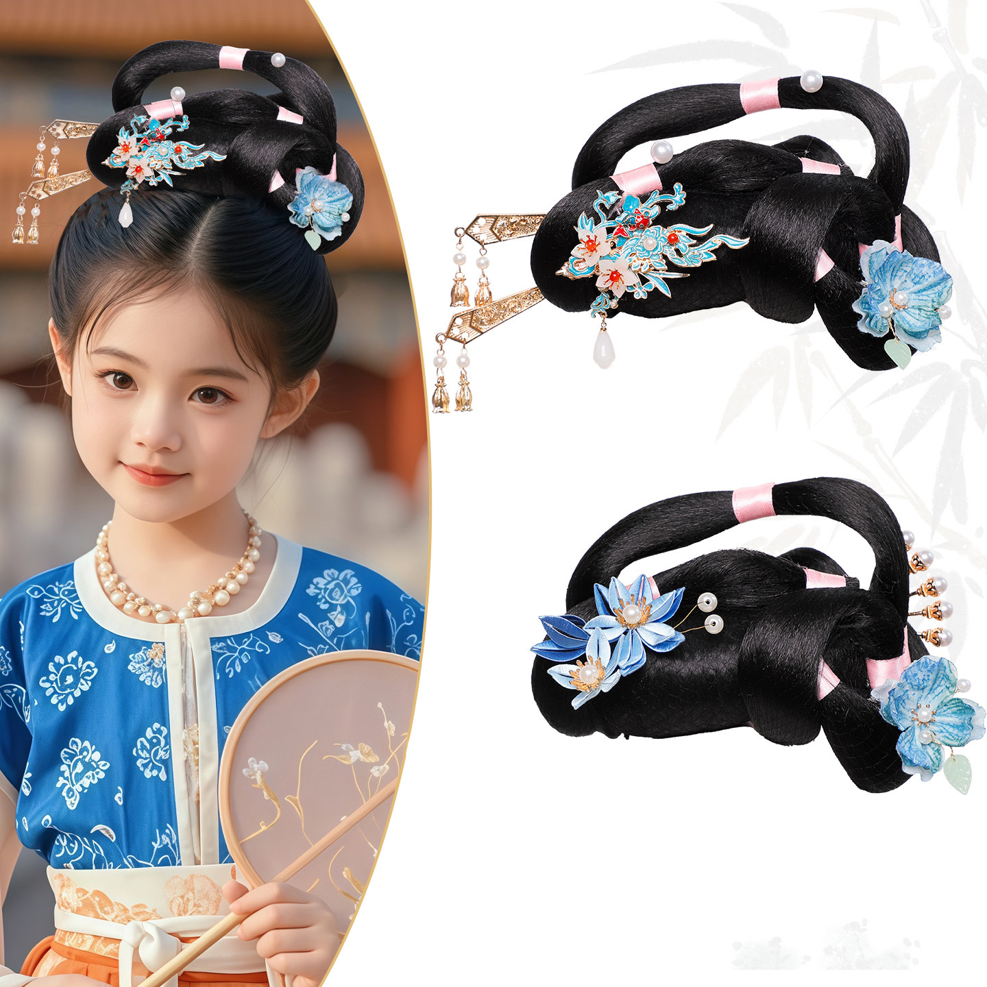 女童汉服古风绢花一体发包图片