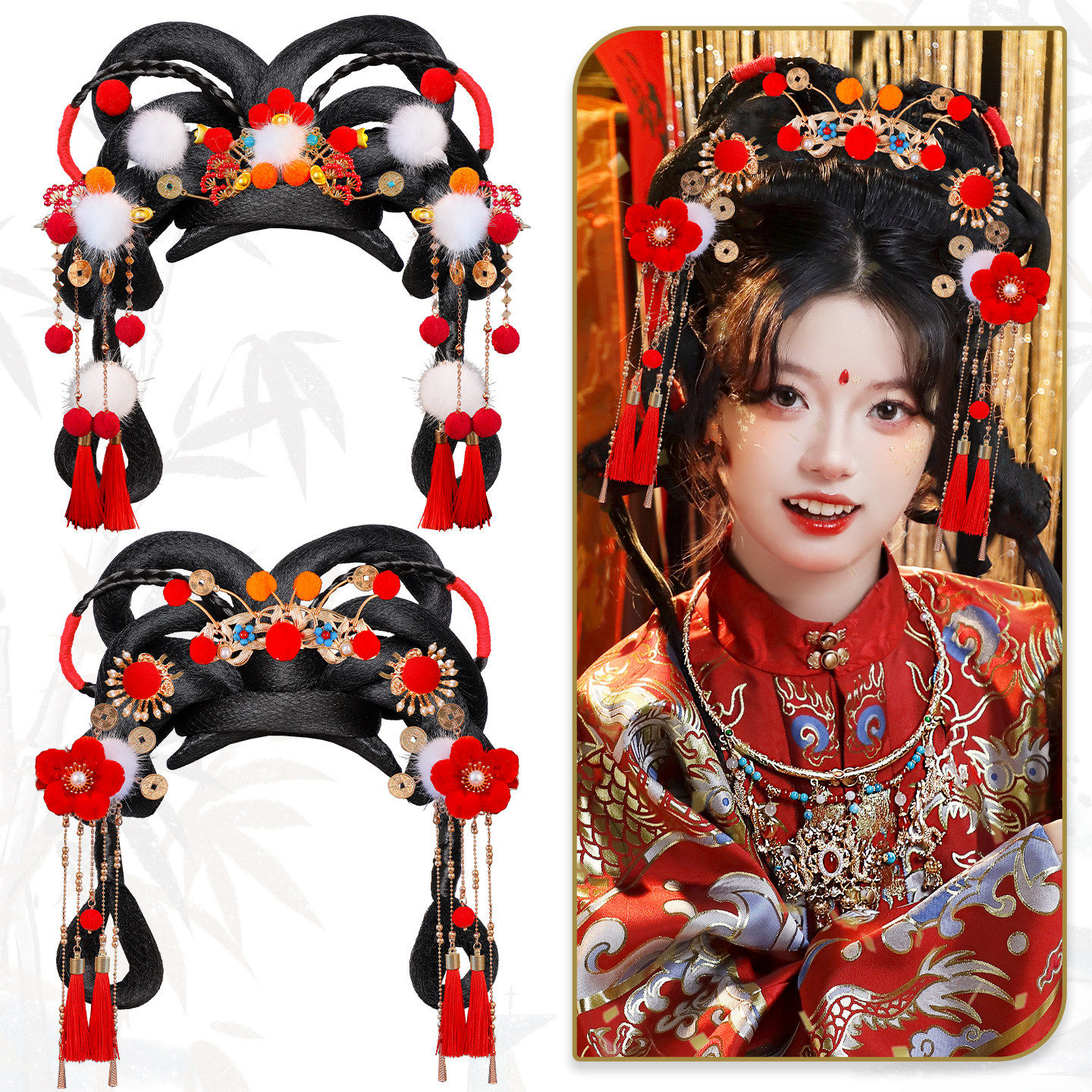 新年红古风汉服流苏假发套装