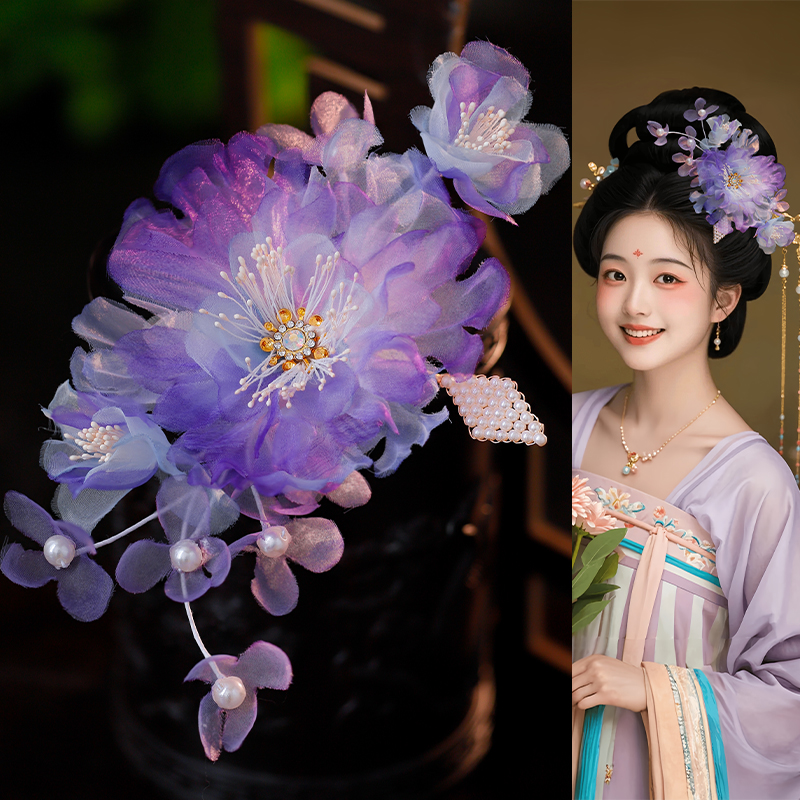 古风紫色渐变纱花发夹