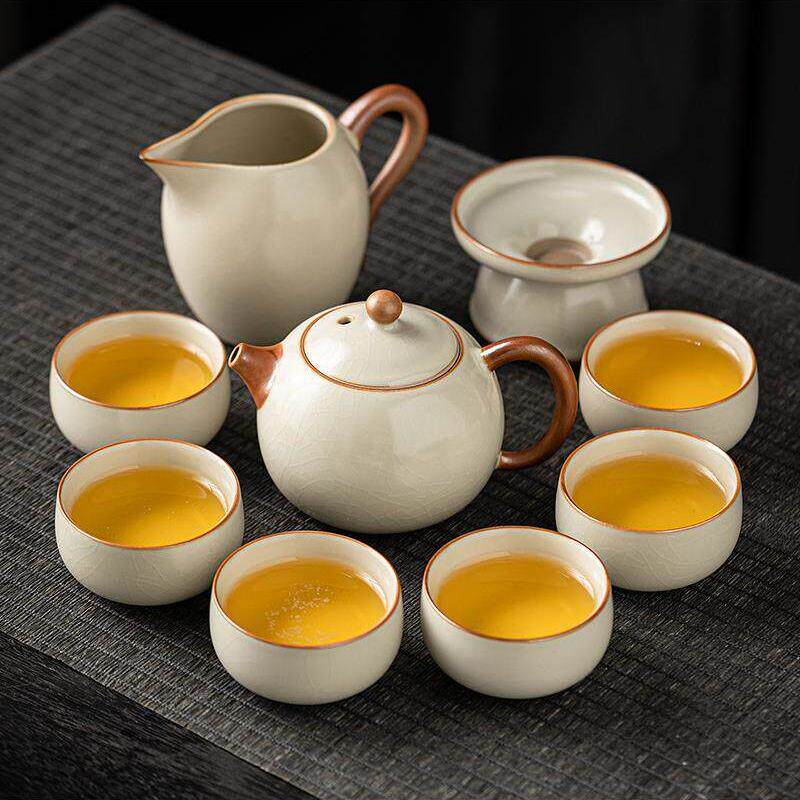 米黄汝窑功夫茶具套装高端中式陶瓷茶壶茶杯冰裂开片可养家用汝瓷