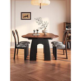 法式复古实木折叠餐桌中古风家用小户型方圆两用可伸缩跳台吃饭桌