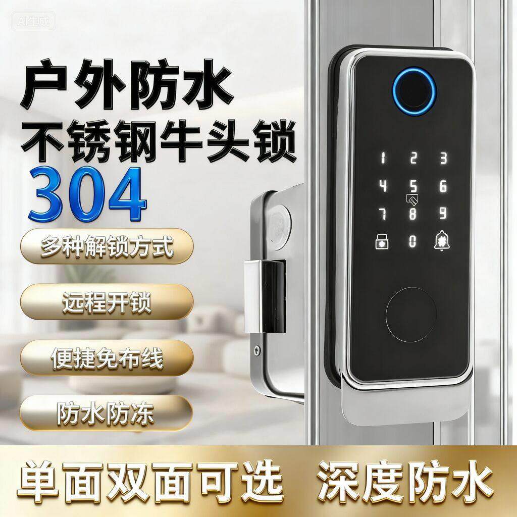 不锈钢老式牛头锁指纹锁家用刷卡电子智能门锁户外大门密码锁铁门