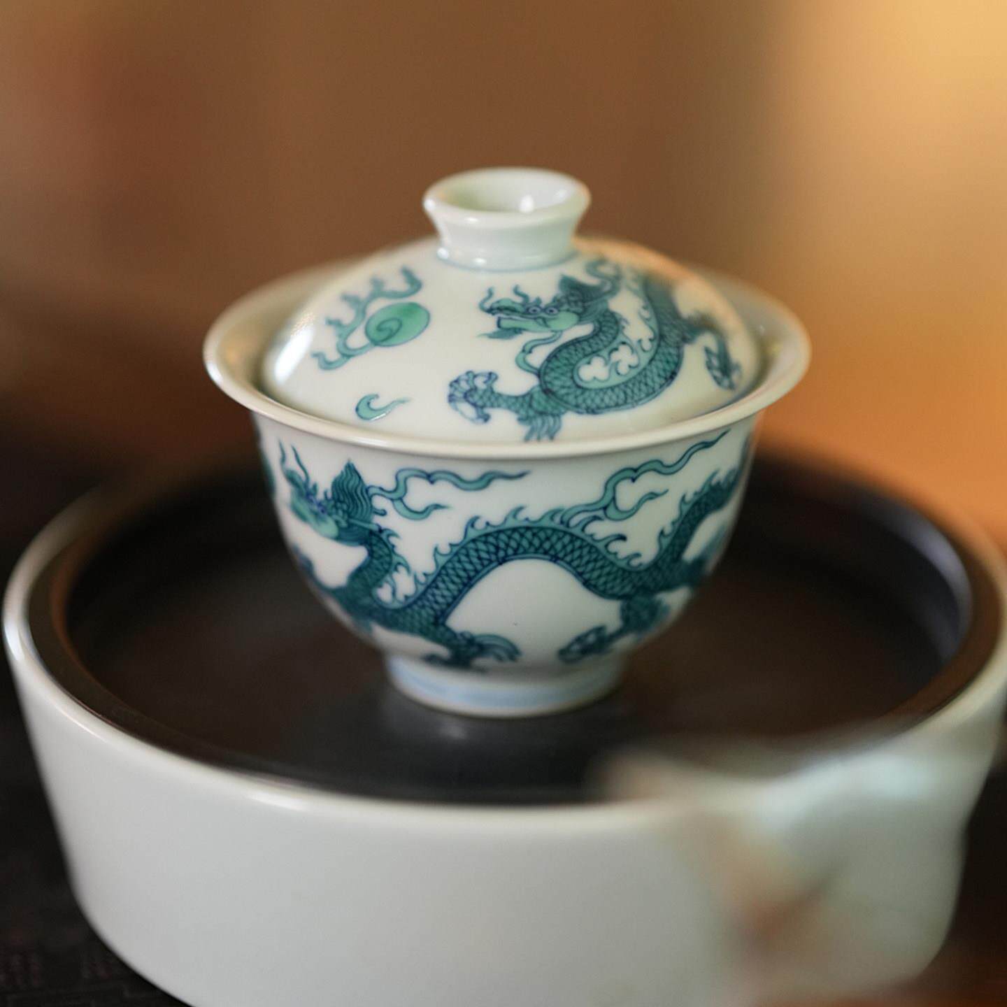宛玉 斗彩绿龙纹盖碗 主人杯 品杯 釉下青花釉上绿彩龙纹茶器套组
