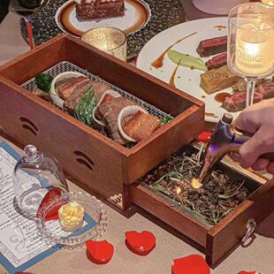 西餐牛排烟薰木盒创意果木牛排木质餐具炭火牛扒烟熏盒高级烧肉盘