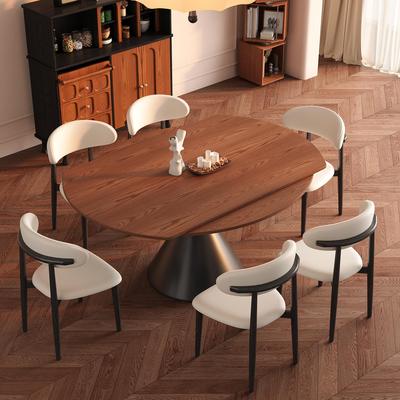 中古风实木伸缩餐桌折叠可变圆桌家用小户型高级感白蜡木覆古饭桌