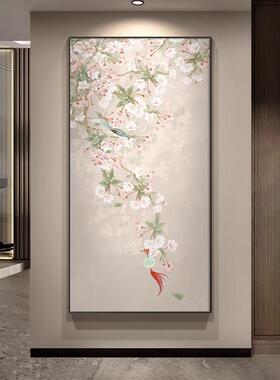 鹊上枝头入户玄关装饰画竖版新中式禅意走廊过道挂画花鸟茶室壁画