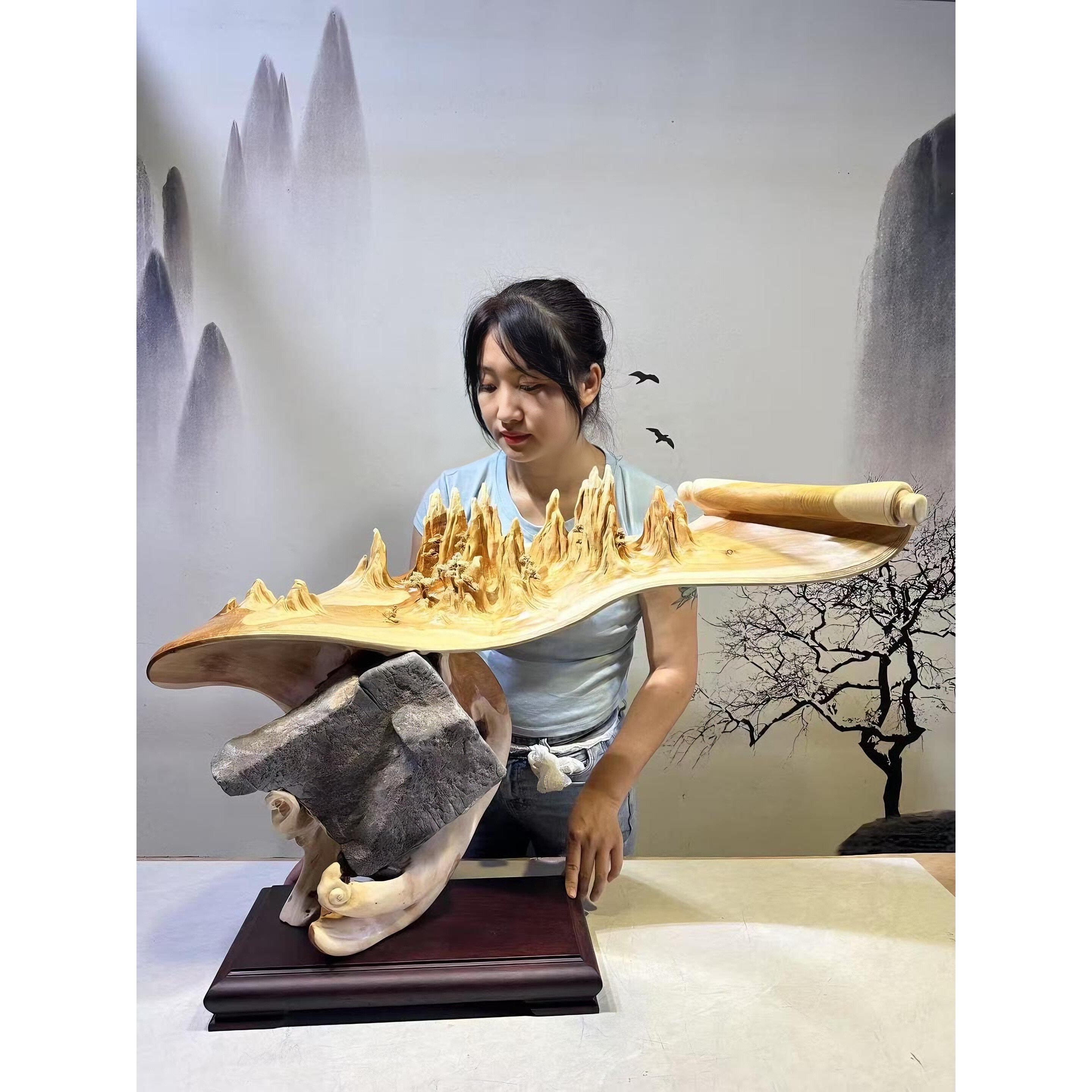 太行崖柏根雕金丝楠木雕山水江山如画纯手工雕刻根抱石摆件工艺品