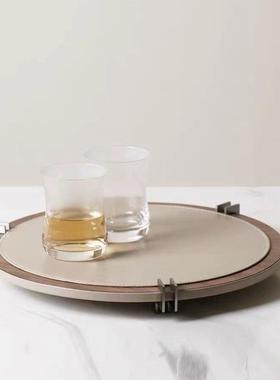 现代简约胡桃木皮革马毛圆形托盘置物创意摆件桌面装饰品样板间