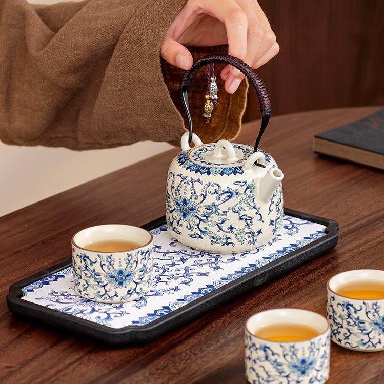 景德镇汝窑缠枝莲提梁壶旅行茶具套装一壶三杯便携式功夫茶具