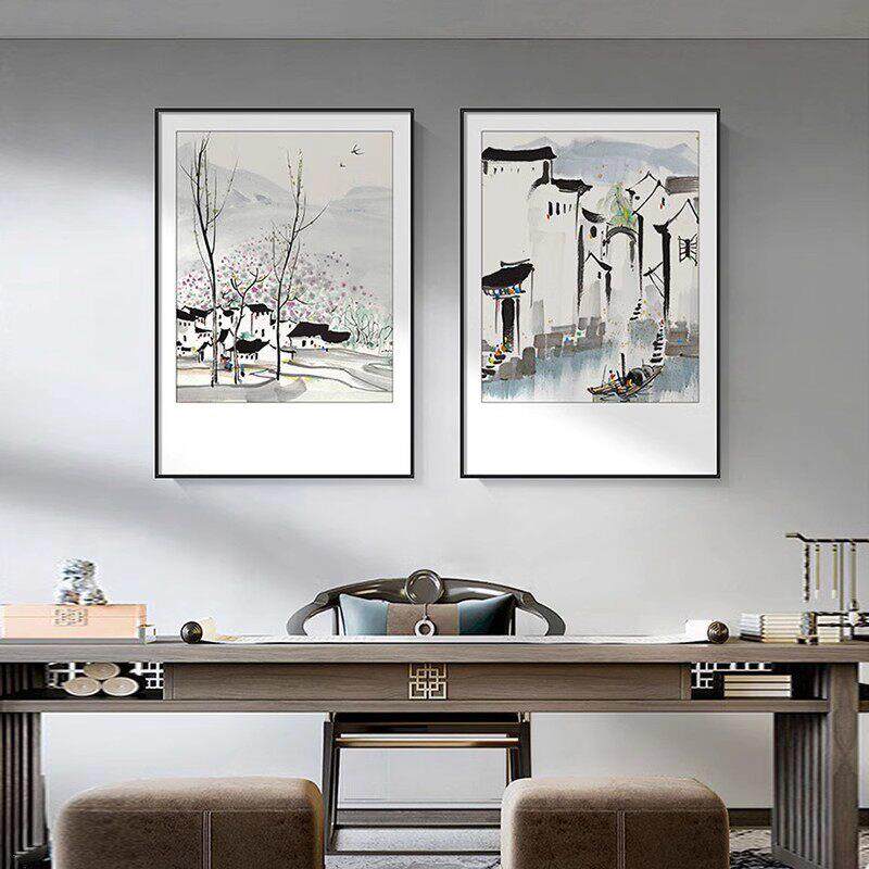 吴冠中江南水乡水墨画新中式客厅组合装饰画餐厅民宿背景墙挂画