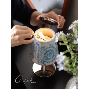 契阔艺术家居青花瓷法式陶瓷蜡烛香薰台灯烛台卧室玄关桌面摆件