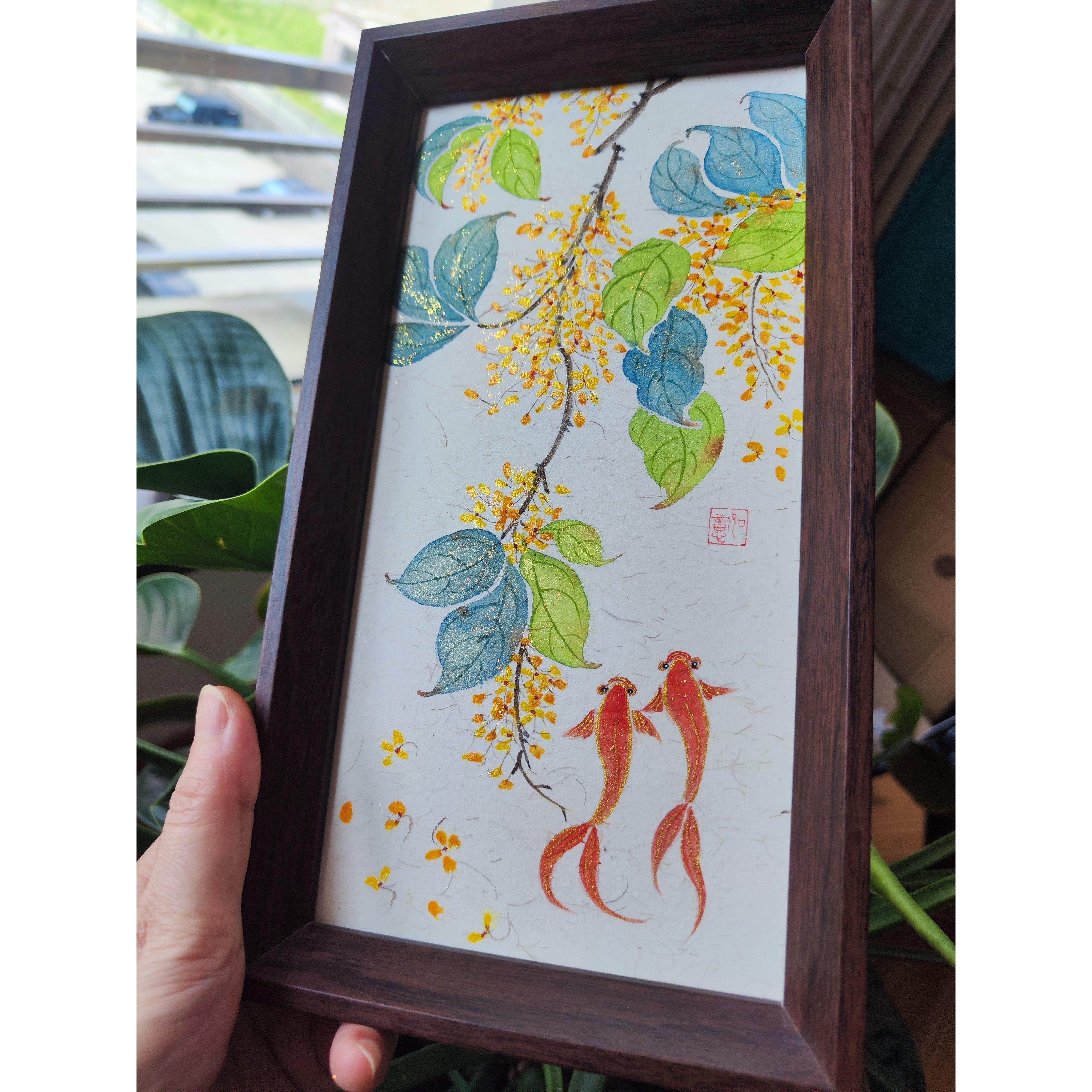 手绘国画~桂花锦鲤~国画手绘摆台~装饰画~手绘作品有工期