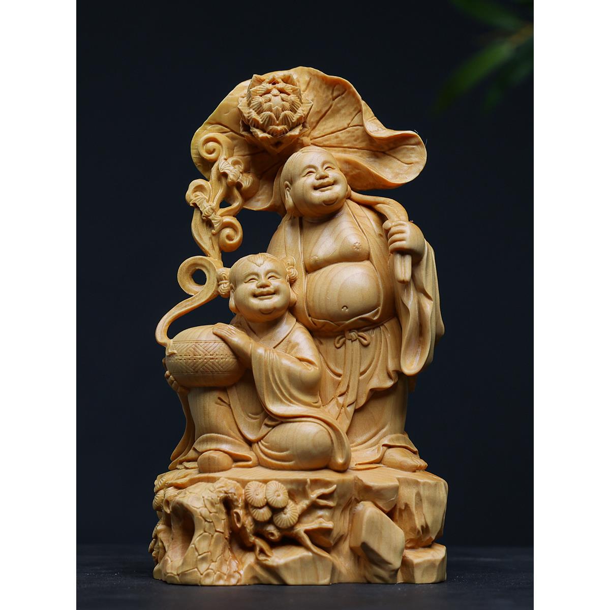 正宗小叶黄杨木精雕合和艺术二仙佛像摆件家居装饰品实木工艺品