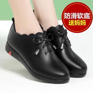 高档妈妈鞋 中年粗跟女士皮中跟老年春秋深低跟女 真皮软口底单鞋 鞋