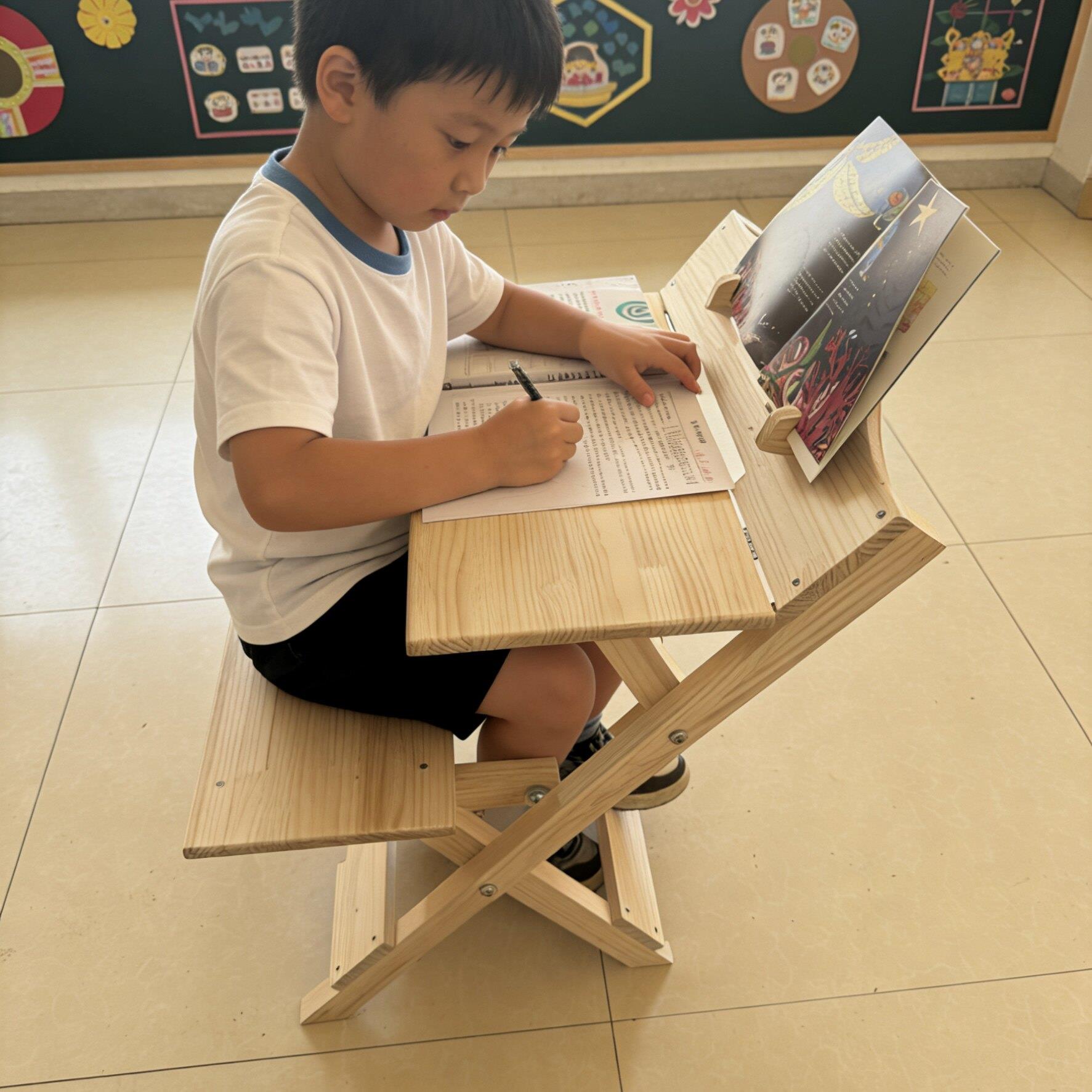 书桌实木书架一体家用初中小学生学习桌电脑桌卧室儿童学习折叠桌