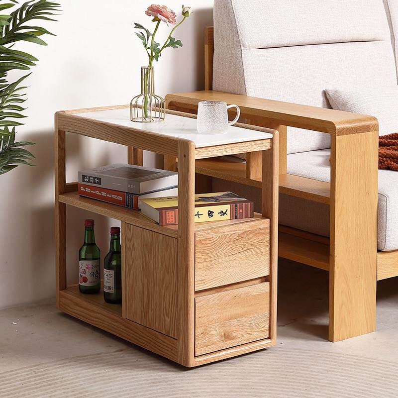 红橡木岩板边几简约沙发边柜可移动客厅角几橡木边几全实木