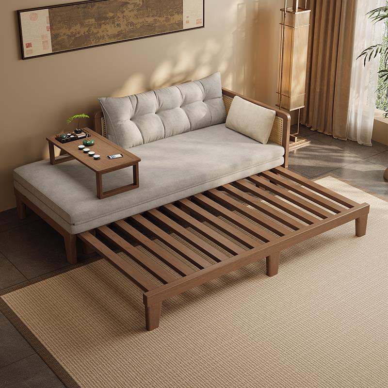 2025年新款白蜡木全实木沙发床可折叠两用客厅卧室书房抽拉伸缩床