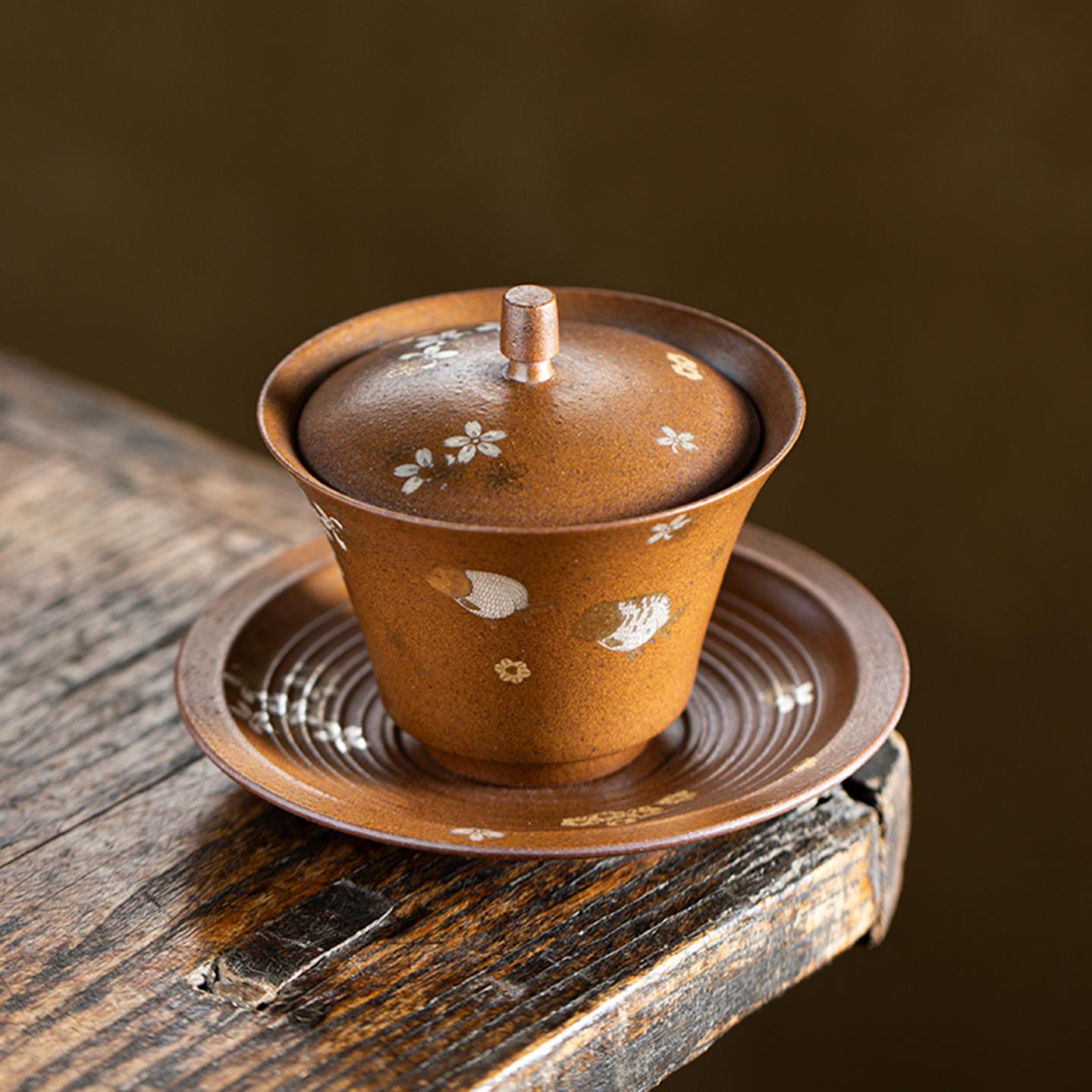 老岩泥花鱼嬉三才盖碗家用不烫手粗陶泡茶器手工柴烧茶碗功夫茶具