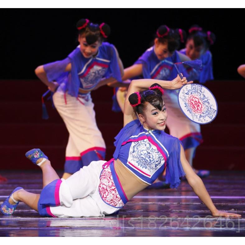 高档荷花奖小嫚群舞小曼舞蹈表演出服儿童民族服秧歌演服古典扇子