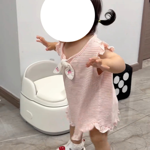女童粉色条纹短款衣服可爱蝴蝶结圆领花边无袖上衣夏季透气2026