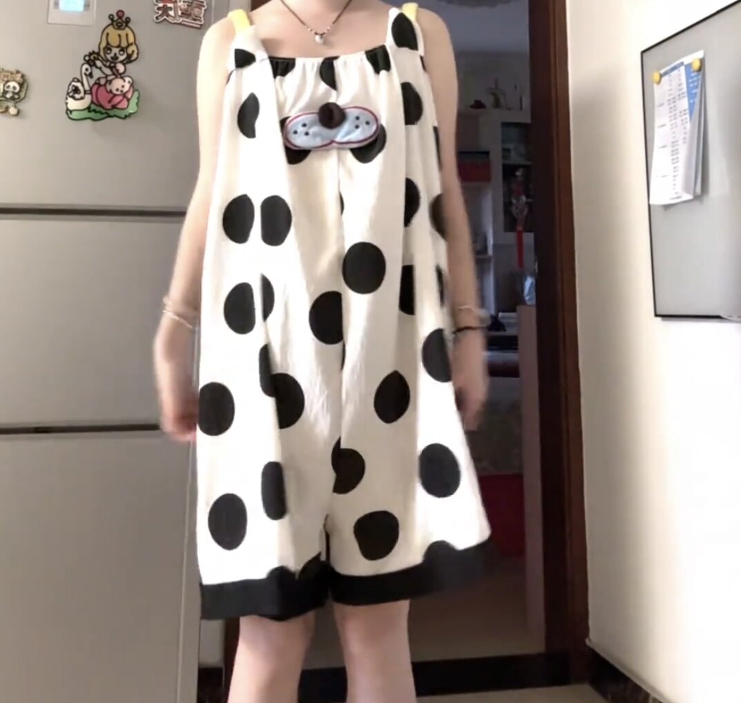 夏季新款宽松吊带连体裤日系卡通波点印花睡衣女可外穿家居服