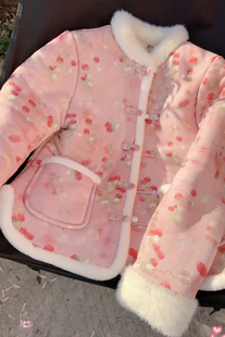 新款2025粉色秋冬装女士甜美上衣外套复古盘扣民族风棉袄保暖