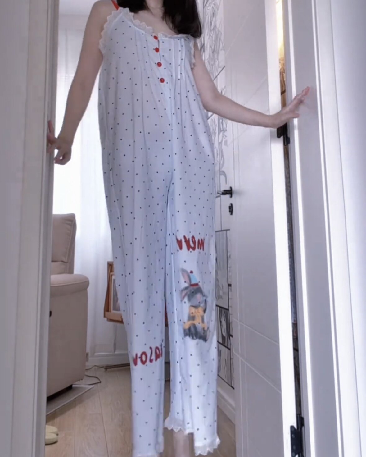 夏季韩系少女波点蕾丝边休闲连体睡衣女吊带连身长裤家居服可外穿