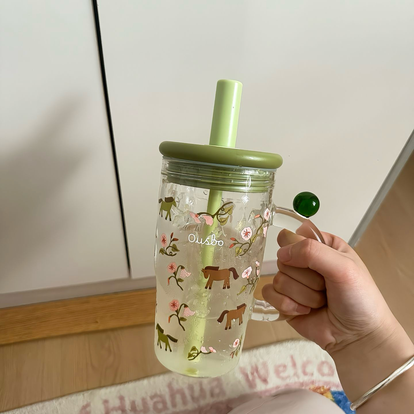 水杯绿色卡通大容量学生玻璃杯小清新密封不漏水杯子2026