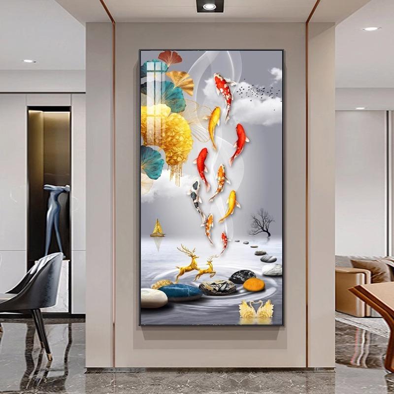 新中式九鱼图客厅入户玄关装饰画走廊过道富贵有鱼现代简约挂画