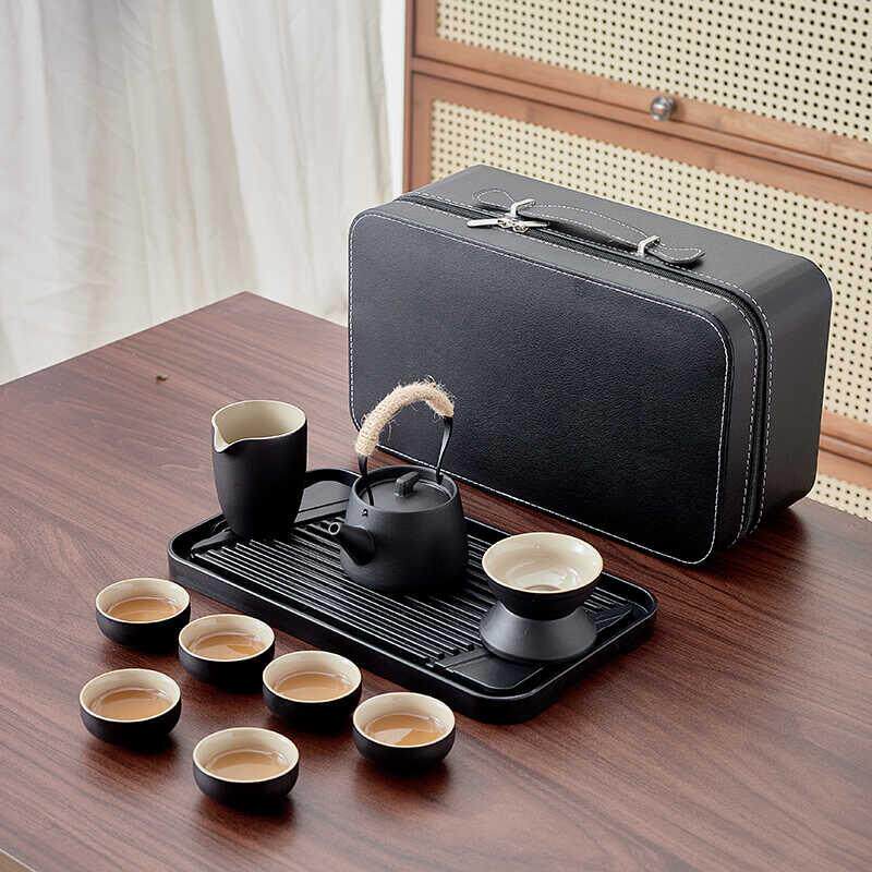 黑色旅行茶具套装陶瓷便携式包户外露营功夫定制礼品实用高档客户