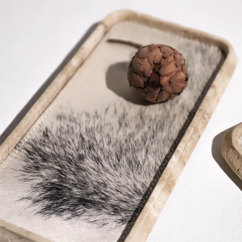 Wabi-Sabi风格黄色石灰华真马毛香薰托盘家居装饰衣帽间珠宝托盘