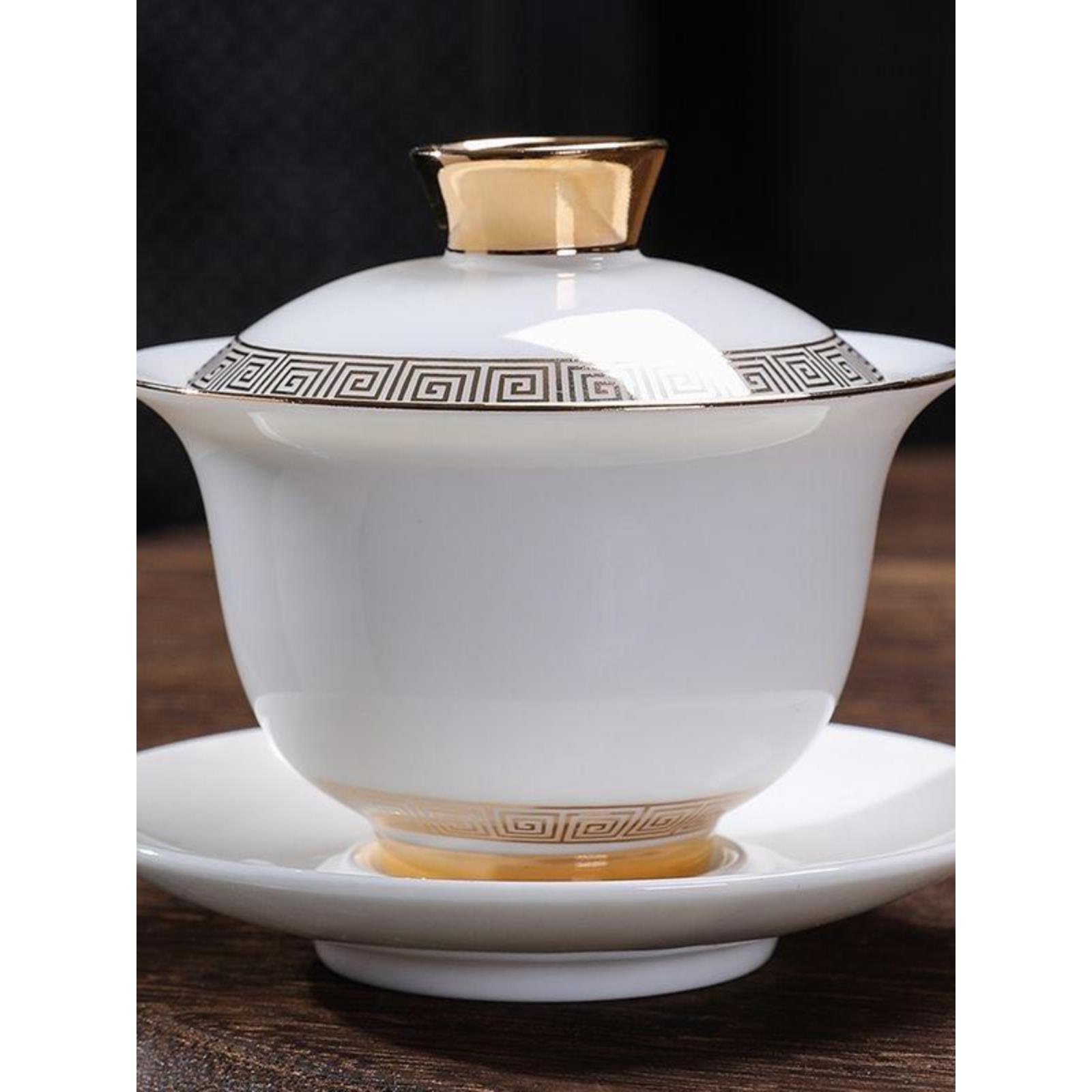 德化羊脂玉白瓷单镀金盖碗经典三彩茶碗大泡茶功夫茶具