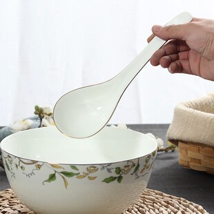 家用大汤勺 长柄调羹勺子陶瓷描金大勺唐山N骨瓷马戈酒店粥勺平隆