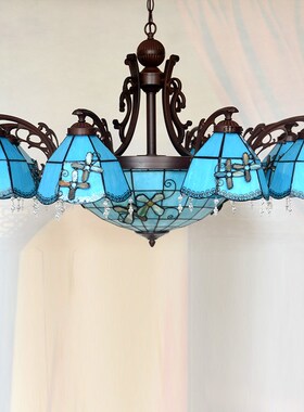 厂家直销 锌合金j灯体帝凡尼蓝色地中海客厅8+1开枝形玻璃大吊灯