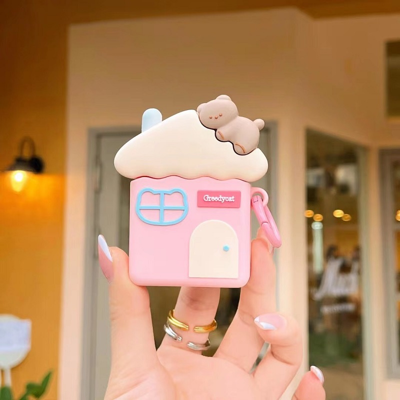 ins风粉色房屋小熊适用苹果airpods4保护套pro2二代三代airpodspro无线蓝牙耳机壳3代四代五代硅胶套防摔可爱