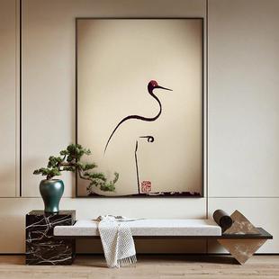 新中式水墨简约丹顶鹤装饰画客厅玄关铝合金挂画书房禅意竖版壁画