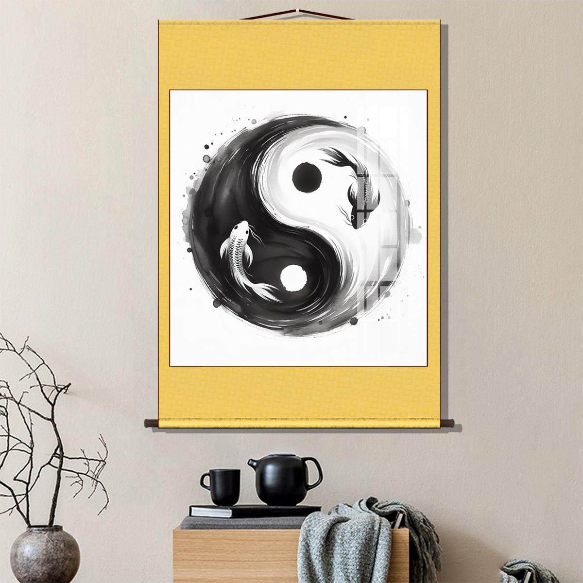 鲤鱼画挂画八卦太极画装饰画禅宗茶室壁画新中国风客厅挂布画入口,家居饰品,国画,淘宝优惠券,粉丝福利购,淘宝优惠卷