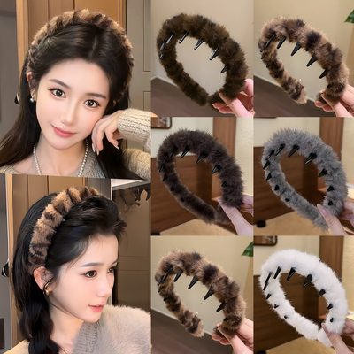 秋冬豹纹毛绒发箍女2025新款高颅顶带齿防滑洗脸专用发卡头箍头饰