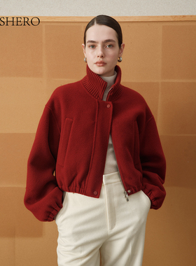 LE.SHERO原创设计毛织拼接短款立领羊毛双面呢手工大衣厚款短外套