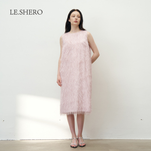 LE.SHERO简约提花流苏气质毛须连衣裙子女春夏新款 轻奢高级感女装