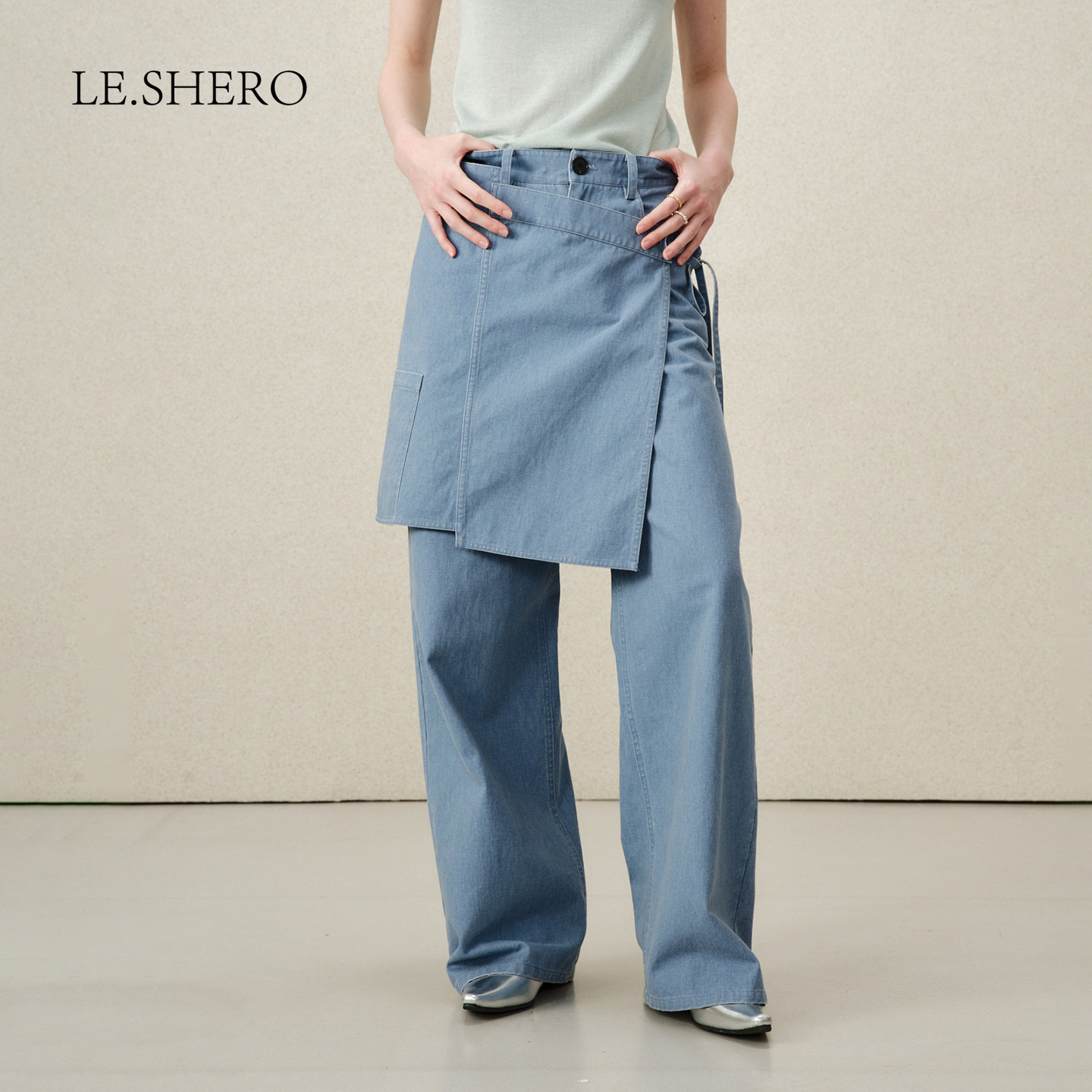LE.SHERO原创设计荃棉叠搭绑带半裙直筒长裤女春夏新款休闲裤
