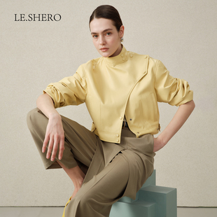 百搭外套 立领羊皮衣女修身 LE.SHERO原创设计不规则排扣长袖 短款