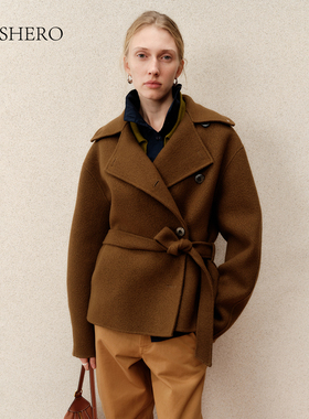 LE.SHERO原创设计翻领斜方排扣羊毛双面呢手工大衣百搭毛呢外套