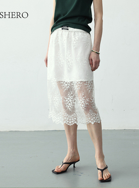 LE.SHERO优雅气质松紧腰半身裙女夏季新款休闲简约百搭镂空裙子