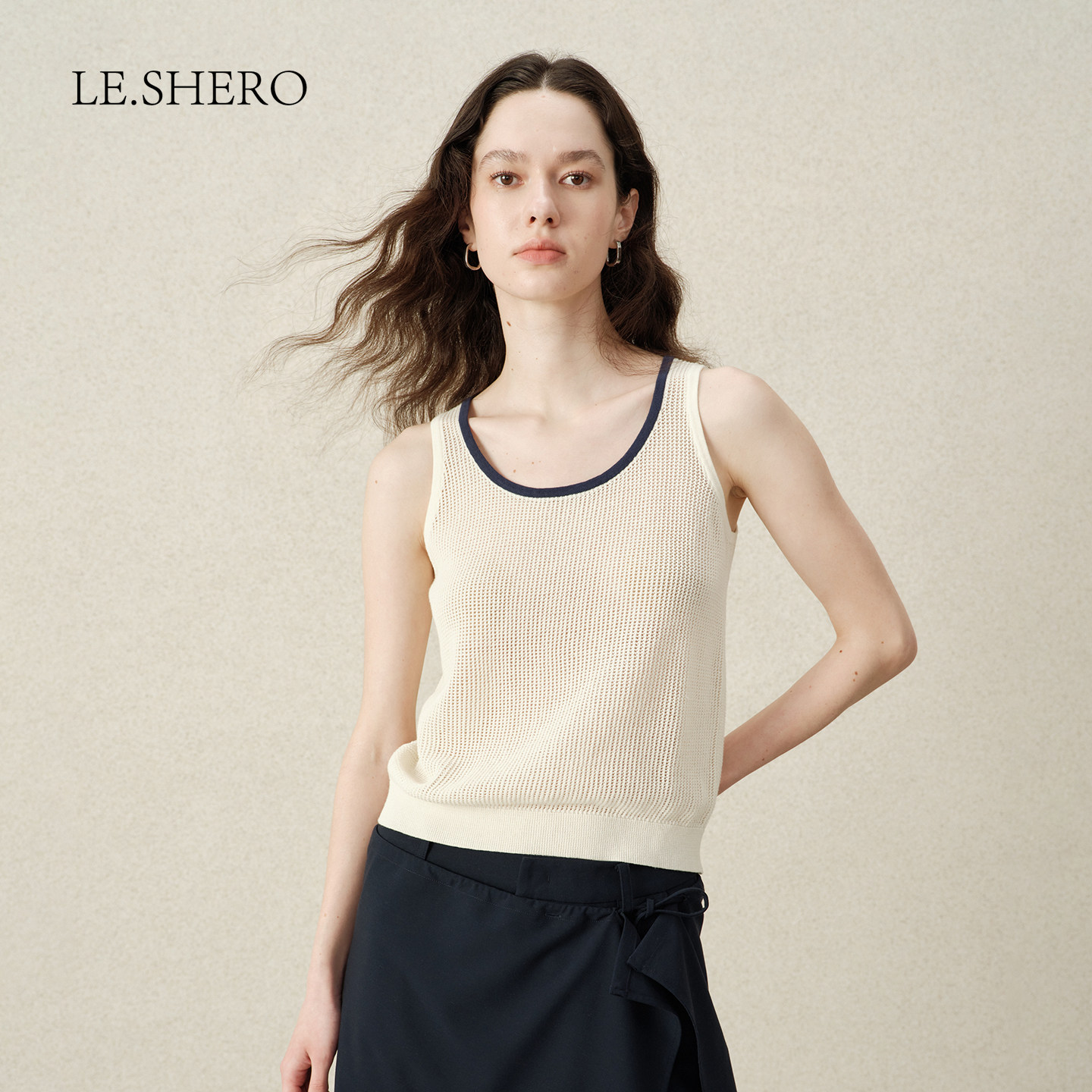 LE.SHERO高捻棉肌理感华夫格纹简约针织背心女夏季轻复古上衣