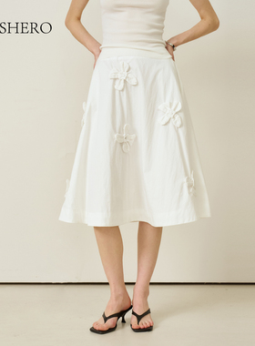 LE.SHERO重工立体花朵高腰a字半身裙女夏2025新款百搭白色半裙