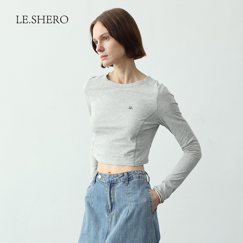 修身显瘦圆领短款正肩长袖t恤女