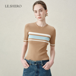 LE.SHERO原创设计简约撞色套头条纹天丝毛针织衫短款修身上衣T恤
