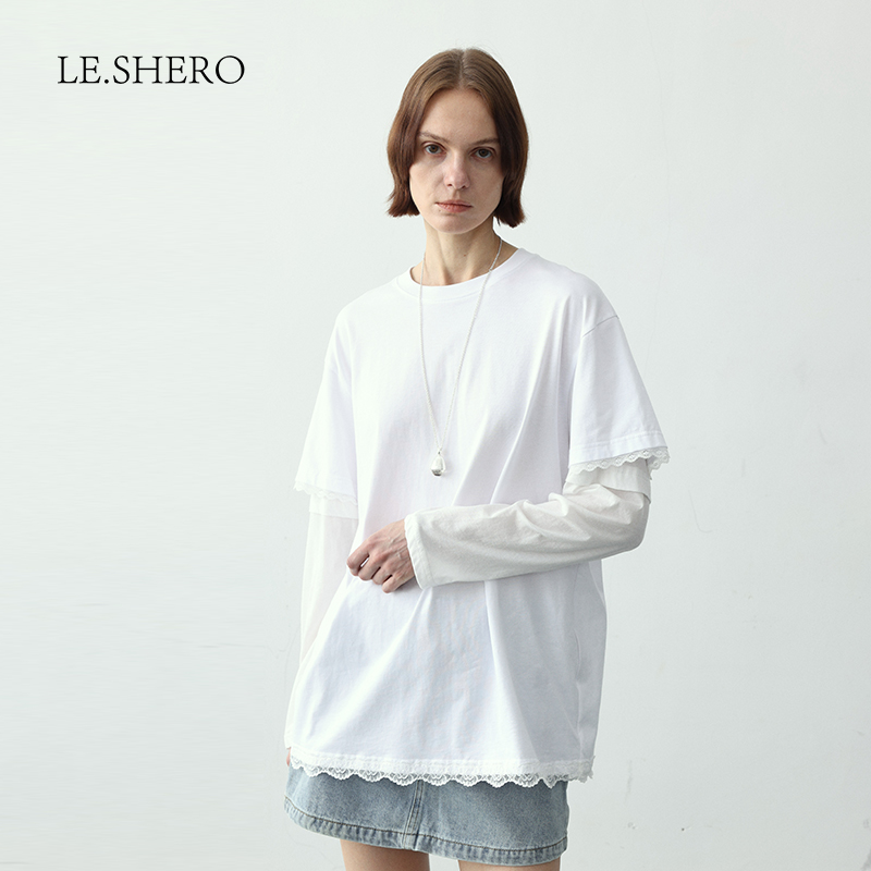 LE.SHERO时尚百搭蕾丝拼接长袖t恤女夏季2025新款设计感小众上衣